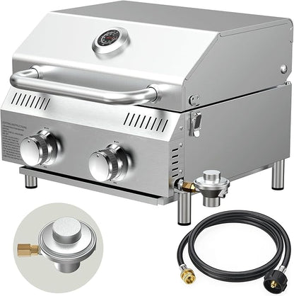 Bestfire 2-Burner Tabletop Propane Gas Grill, Dual Connections, 20,000 BTU Stainless Steel Portable Grill, Fits Large Gas Cylinders/Small Canisters, for Camping, RV, Outdoor BBQ