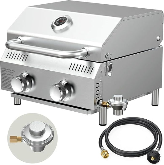 Bestfire 2-Burner Tabletop Propane Gas Grill, Dual Connections, 20,000 BTU Stainless Steel Portable Grill, Fits Large Gas Cylinders/Small Canisters, for Camping, RV, Outdoor BBQ