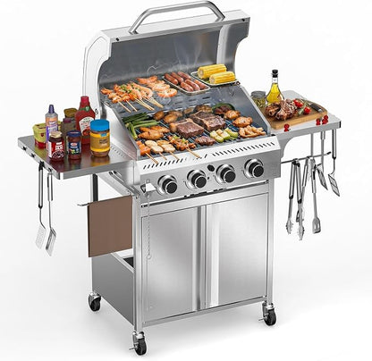 COWSAR 4-Burner Propane Gas Grill, 32K BTU, Stainless Steel BBQ, Outdoor | 4-Burner Propane Grill, 32K BTU, Stainless Steel & Foldable Tables, Outdoor BBQ Patio, Thermometer & Lockable Casters