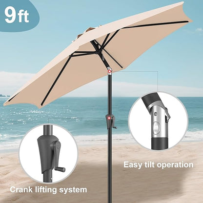 FLAME&SHADE 9ft Patio Umbrella Outdoor - Table Umbrella with Push Button Tilt and Crank, UV Protection, 6 Sturdy Ribs, Market Umbrella for Garden, Deck, Backyard, Lawn, Pool and Beach(Beige)