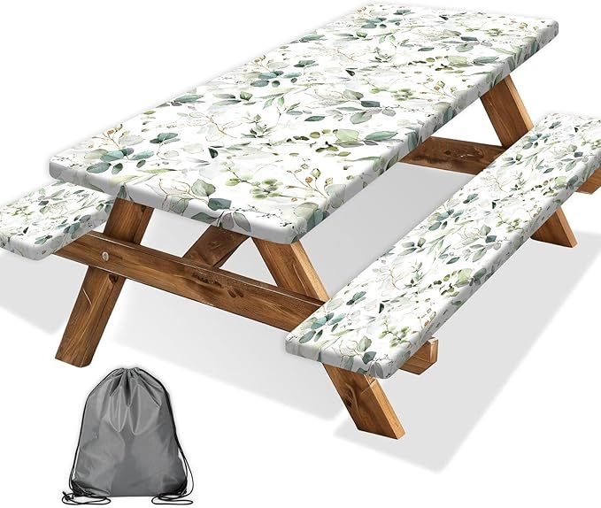 Picnic Table Cover with Bench Covers and Bag, Camping Essentials, Eucalyptus Leaves Outdoor Table Covers, Waterproof Windproof, Fitted Tablecloth Cover with Elastic Edge, 3 PCS, 30x72 Inch