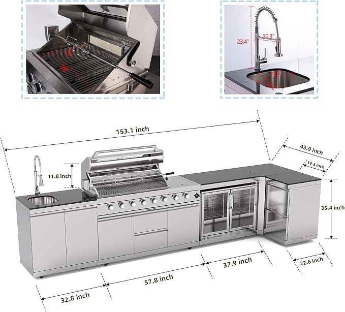 153 Inch Outdoor Kitchen Island, 96000 BTU Propane Gas Grill Combination With Refrigerator and Sink, Drawer Cabinet, Outdoor Stainless Steel Barbecue Bar, BBQ Grill for Patios, Gardens, Parties
