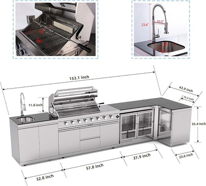 153 Inch Outdoor Kitchen Island, 96000 BTU Propane Gas Grill Combination With Refrigerator and Sink, Drawer Cabinet, Outdoor Stainless Steel Barbecue Bar, BBQ Grill for Patios, Gardens, Parties