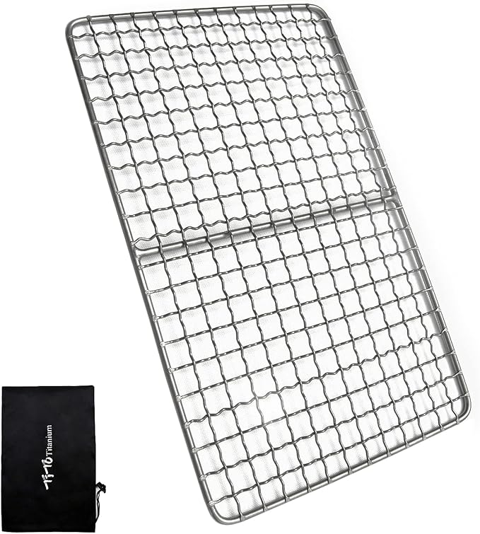 TiTo Titanium BBQ Net Grill Portable Ultralight Non-Stick Meat Grill Grate for Home Garden Outdoor Camping Picnic Hiking Charcoal Holder with Storage Bag (A)