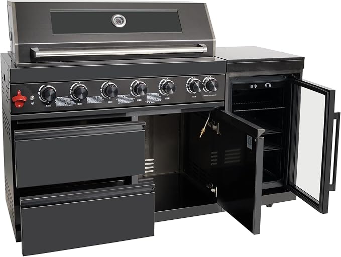 63 Inch Outdoor Kitchen Island, 6-Burner 85000 BTU Propane Stainless Steel BBQ with Side/Rear Burners, With Fridge, Storage, For Backyard BBQ