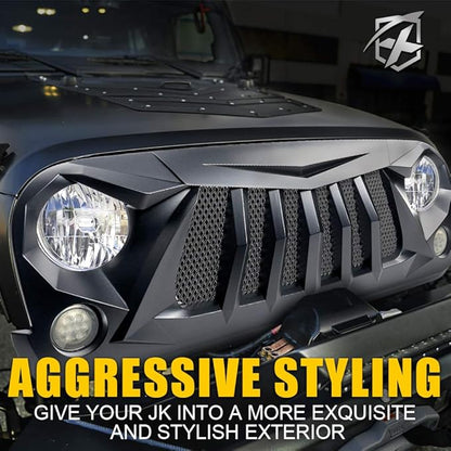 Xprite Matte Black Front Grill Grid Grille w/Mesh Compatible with Jeep Wrangler Rubicon Sahara Sport JK 2007-2018