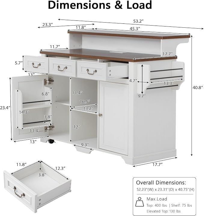 Merax 53.2" Two-Tier Kitchen Island with Storage, Farmhouse Kitchen Island with Power Outlet, 4 Door Shelves, Adjustable Shelves, 3 Drawers, Rolling Island Table, Bar Cabinet for Kitchen, Rustic White