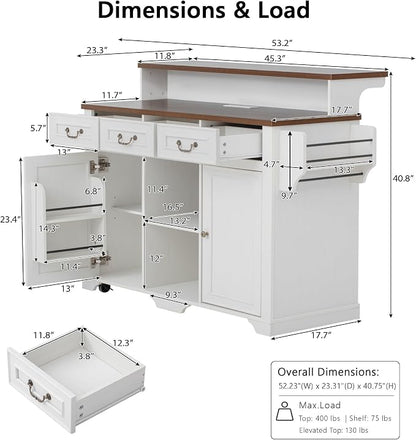 Merax 53.2" Two-Tier Kitchen Island with Storage, Farmhouse Kitchen Island with Power Outlet, 4 Door Shelves, Adjustable Shelves, 3 Drawers, Rolling Island Table, Bar Cabinet for Kitchen, Rustic White