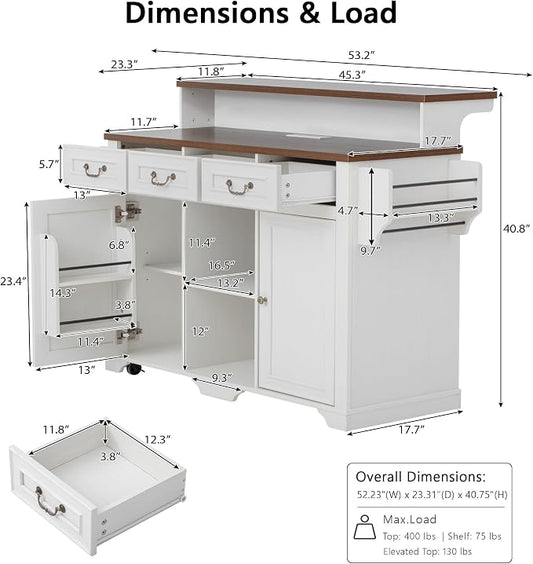 Merax 53.2" Two-Tier Kitchen Island with Storage, Farmhouse Kitchen Island with Power Outlet, 4 Door Shelves, Adjustable Shelves, 3 Drawers, Rolling Island Table, Bar Cabinet for Kitchen, Rustic White