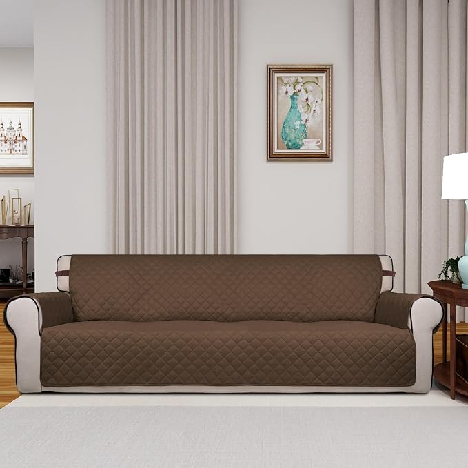 PureFit Reversible Quilted Couch Covers for Dogs Sofa Cover 4 Seater 88" | Coffee/Ivory, Water Resistant Couch Protector, Washable Pet Couch Cover with Non Slip and Elastic Straps For Kids