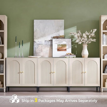 IFBUY Modern Sideboard Buffet Cabinet, 92.63" W Fluted Arched Buffet Cabinet with Storage and Adjustable Shelves, Wooden Modular Coffee Bar Cabinets for Kitchen, Entryway, Cream