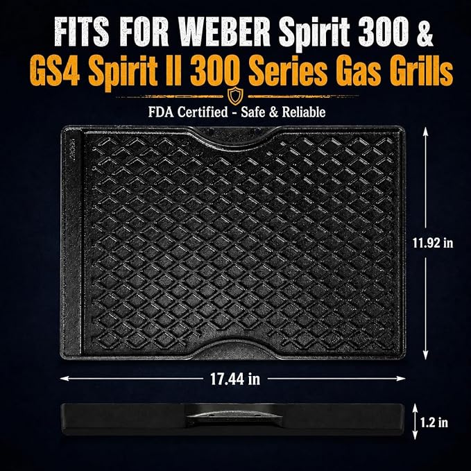 Cast Iron Griddle for Weber Spirit I & II 300 Series, Flat Top Grill Pan Replacement for Weber Spirit E310 E320 E330 S310 S320 S330, Fits Genesis Silver B/C Gold B/C 1000–3500, Replace Weber 7638 7639