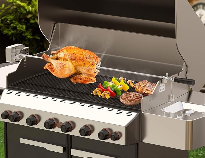 onlyfire Universal Rotisserie Kit with 110V Electric Motor for Gas Grills | Stainless Steel, 45" 1/2" Hexagon Spit Rod, Chicken Roaster