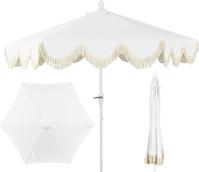 JONATHAN Y UMB1001 Collins 9 ft. Classic Cottage Tassel Market Patio Umbrella with Auto-Tilt, Crank, Wind Vent and UV Protection