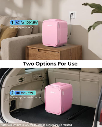 BEICHEN Mini Fridge 4 Liter/6 Can Portable Compact Refrigerator | for Bedroom Office Dorm Car, Fast Cooling, Low Noise, 100-125V AC/5-12V USB, for Skincare, Food, Drinks(Pink)