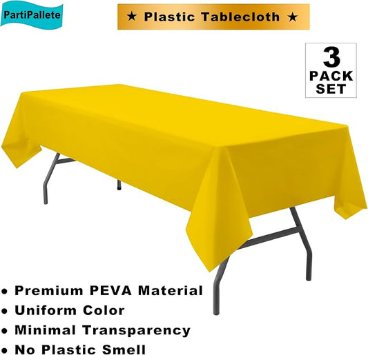 3-Pack Premium Plastic Yellow Tablecloth Disposable 54" x 108" Rectangle Table Cover Party PEVA Table Cloths for Parties Birthday Wedding Graduation Banquet Fits up to 8 ft Long Tables
