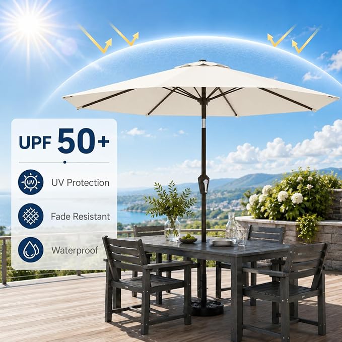 11FT Solar Patio Umbrella with Lights, Outdoor Table Market Umbrella with 32 LED Lights, 8 Sturdy Ribs, Smooth Crank Lift for Pool, Deck and Garden, UV-Resistant