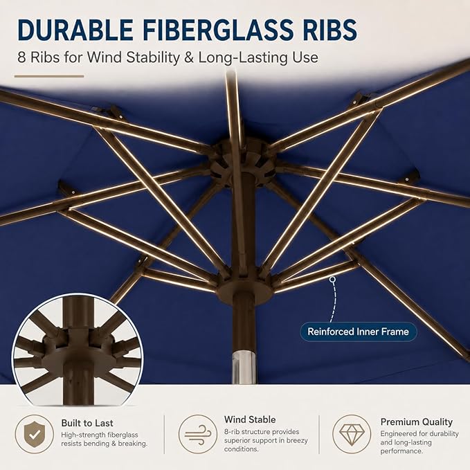 10ft Patio Umbrella, 3-Tier Vented Outdoor Table Umbrella with 8 Sturdy Fiberglass Ribs, Windproof Market Umbrella with Push Button Tilt and Crank, UV Protection for Deck, Pool, Navy Blue