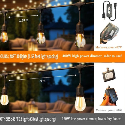 50FT Outdoor String Lights Waterproof with 30+2 Bulbs (1.5FT Bulbs Spacing), Remote & Dimmer, Commercial Grade Patio Lights with 3 Mode Light & Timing,100PC Ties for Outside