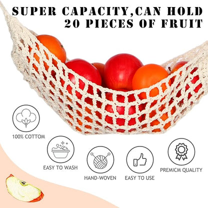 Fruit Hammock Under Cabinet with Hooks, Macrame Hanging Fruit Basket for Kitchen, Produce Hammock Banana Hanger, Boho Fruit and Veggie Storage Net, Space Saving Kitchen Organizer.
