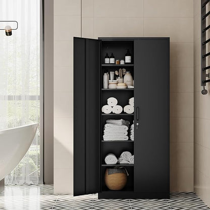 Fesbos Metal Storage Cabinet-71” Tall Steel File Cabinets with Lockable Doors and Adjustable Shelves-Black Steel Storage Cabinet for Home, School, Office, Garage