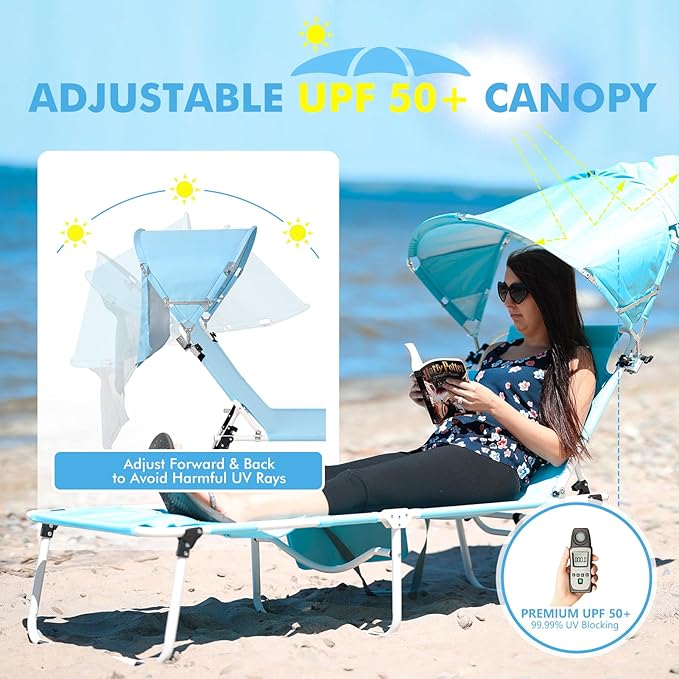 Wheel-To-Go Tanning Chair with Wheels Sun Canopy Umbrella Face Hole Thicker Washable Adjustable, Heavy Duty Folding Lay Flat Sun Lounge Chair Beach Outside Sunbathing Reading, UPF 50+ (Patent Design)