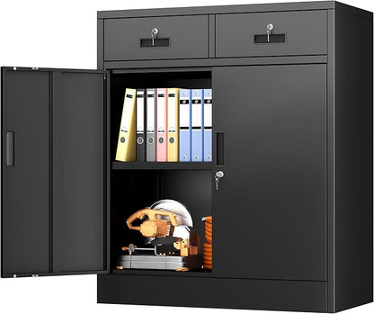 BESFUR Metal Storage Cabinet, Garage Storage Cabinet with 2 Drawers and Adjustable Shelf, Locking Short Storage Cabinet for Office Garage Home, Black Metal Cabinets(36" H x 31.5" W x 16" D)