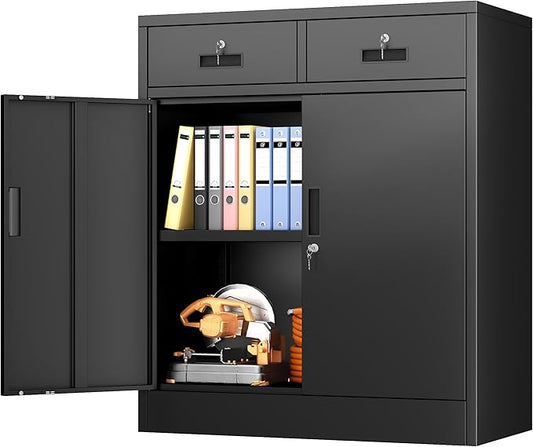 BESFUR Metal Storage Cabinet, Garage Storage Cabinet with 2 Drawers and Adjustable Shelf, Locking Short Storage Cabinet for Office Garage Home, Black Metal Cabinets(36" H x 31.5" W x 16" D)