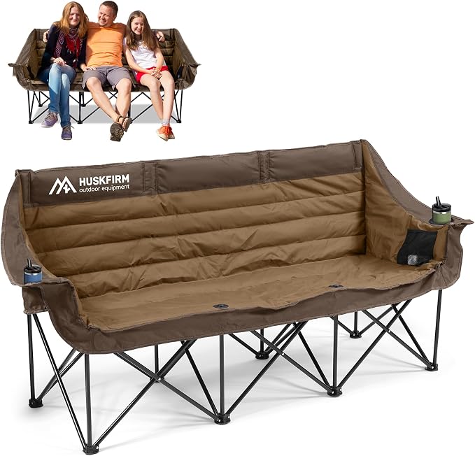 Huskfirm 3 Person Camping Chairs Folding Double Camp Chair for Adults Brown | Oversized Loveseat Camping Chair Padded Heavy Duty Camping Couch for Outdoor Lawn with Two Cup Holders and Carry Bag