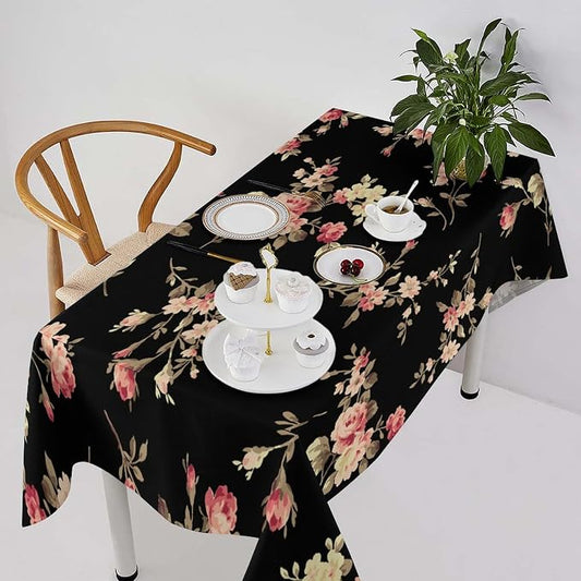 Vintage Flower Tablecloth, Black Pink Garden Florals Rustic Roses Boho Botanical Plant Water Resistant Wipeable Table Cover for Picnic Party Holiday Kitchen Dinner Table 55"x55"
