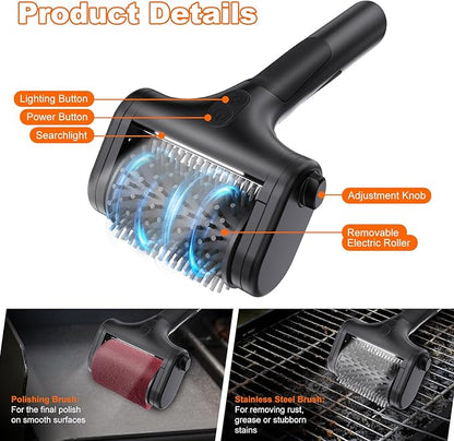 Electric Grill Brush for Outdoor Grill,2600mAh Rechargeable Electric Grill Cleaner with 2-Speed(Max 1000RPM)，2 Replacement Heads and LED Light for Outdoor/Camping BBQ Grates Cleaning Tool (Black)