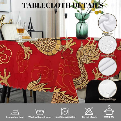 Swono Dragon Rectangle Tablecloth Traditional Flying Mascot Animal Chinese Dragons Red Table Cloth Dining Table Cover for Home Kitchen Restaurant Party Buffet Picnic, 52x70 Inch