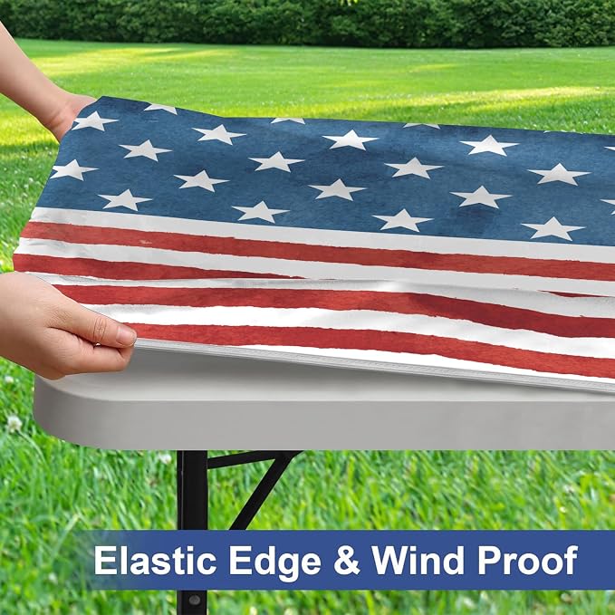 Irisbell Picnic Table Cover with Elastic Edge,6FT Wind Proof Wrinkleproof Fitted Tablecloth Cover Camping Beach Patio Rectangle Table Cloth for Indoor Outdoor (American Flag-1, 30'' x 72'')