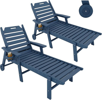 2 Pack HDPE Lounge Chair Outdoor with Cup Holder & 5-Position Backrest | All-Weather & Wood Textured for Patio Poolside Deck Backyard, Navy Blue