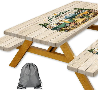 Picnic Table Cover with Bench Covers and Bag, Elastic Edges Waterproof Windproof Wooden RV Camper Outdoor Tablecloth, Camping Essentials, Fitted 6FT Rectangle Tables and Seats, 3 Pcs, 30x96 Inch