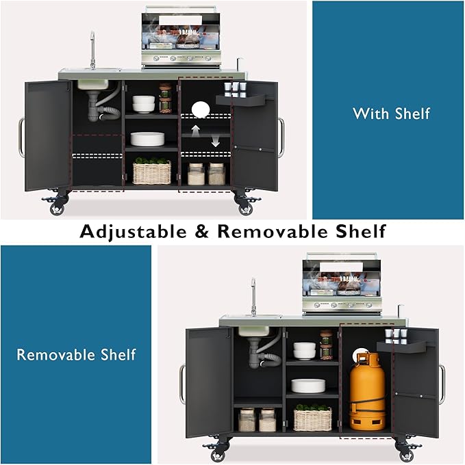 Merax 55.5" Outdoor Kitchen Island, Metal Grill Cart Table with 304 Stainless Steel Sink, Outdoor Bar Cart Sink Station with 4 Lockable Wheels for Pizza Prep & BBQ, Black