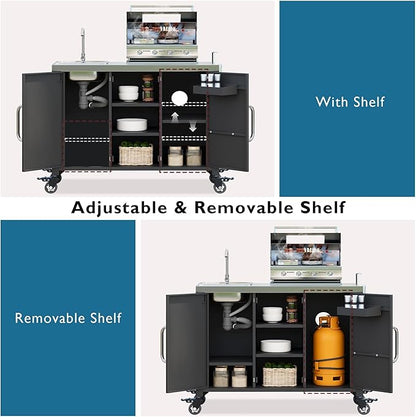 Merax 55.5" Outdoor Kitchen Island, Metal Grill Cart Table with 304 Stainless Steel Sink, Outdoor Bar Cart Sink Station with 4 Lockable Wheels for Pizza Prep & BBQ, Black