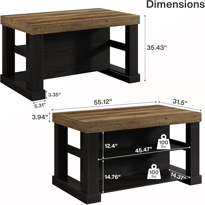 Tribesigns 55" Kitchen Island with Seating and Storage, 3-Tier, Farmhouse | Wood Stationary Island Table with Large Worktop & Legroom, Heavy Duty, Coffee Bar Table with Storage Shelf for Kitchen, Black