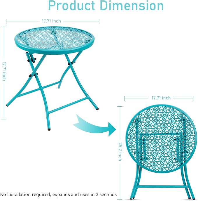TeoKJ Folding Outdoor Side Table, No Assembly Patio Table with Cutouts | Metal Round Anti Rust Patio Desk, Small Nightstand with Flower Cutouts, for Yard, Balcony, Lawn, Pool, Lightweight, Blue