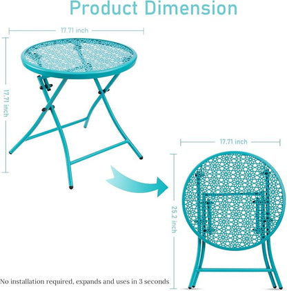 TeoKJ Folding Outdoor Side Table, No Assembly Patio Table with Cutouts | Metal Round Anti Rust Patio Desk, Small Nightstand with Flower Cutouts, for Yard, Balcony, Lawn, Pool, Lightweight, Blue
