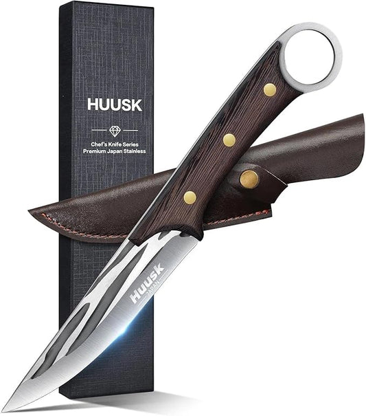 Huusk Japanese Boning Knife for Meat Cutting 5.5 Inch, Full Tang Deboning Knives, Small BBQ Trimming Knife with Sheath, Hand Forged Fish Fillet Knives for Meat, Fish, Poultry, Gift for Men