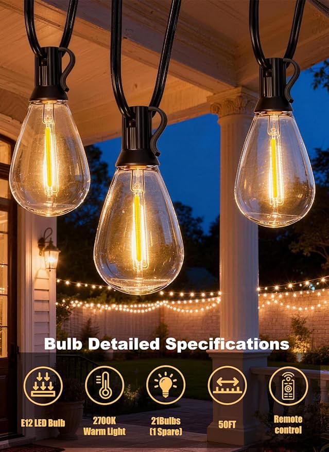 50FT Outdoor String Lights Waterproof, 20+1 Shatterproof S11 LED Bulbs, Extra Long Patio Lights for Outside, Bistro Cafe Decor, Backyard Garden Hanging Lights, Outside Fence Light String