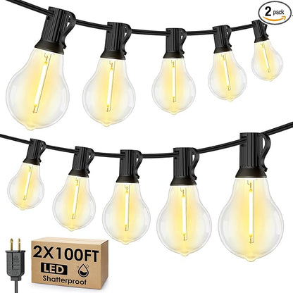 Larkvue 200FT(2x100FT) Outdoor String Lights, LED Patio Lights with 63 Waterproof Shatterproof A39 Dimmable Bulbs(3 Spare) for Balcony-2 Pack Black