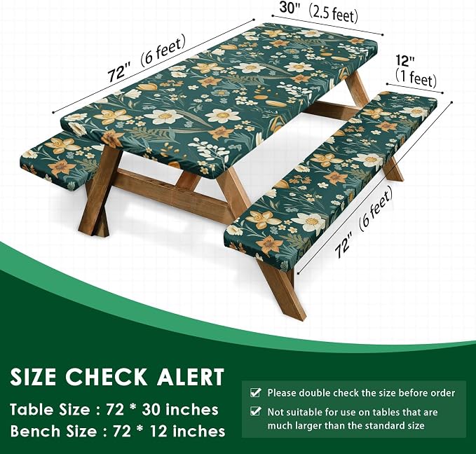 Picnic Table Cover with Bench Covers Elastic Edges, Floral Botanical Camper Fitted Table Cover, Outdoor Camping Essentials 72 Inch 3PCS, Waterproof Camping Fitted Tablecloth with Drawstring Bag