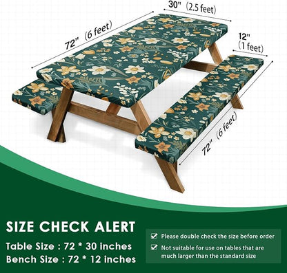 Picnic Table Cover with Bench Covers Elastic Edges, Floral Botanical Camper Fitted Table Cover, Outdoor Camping Essentials 72 Inch 3PCS, Waterproof Camping Fitted Tablecloth with Drawstring Bag