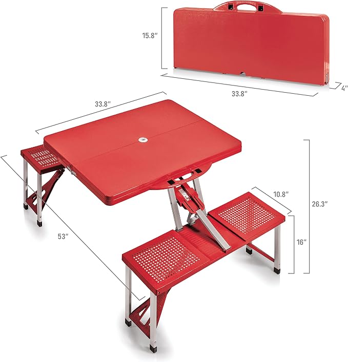Picnic TIME Portable Folding Picnic Table with Seats for 4, Collapsible Aluminum Table with Benches & Umbrella Hole, Lightweight Foldable Table for Camping, Travel, Backyard, Tailgating | with Umbrella Hole