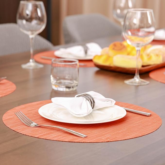 15 Inch Round Placemats Set of 6, Washable Vinyl Woven Place Mats | Heat Resistant Non-Slip Braided Table Mats for Dining Table Kitchen Indoor & Outdoor Use (Orange, Set of 6)