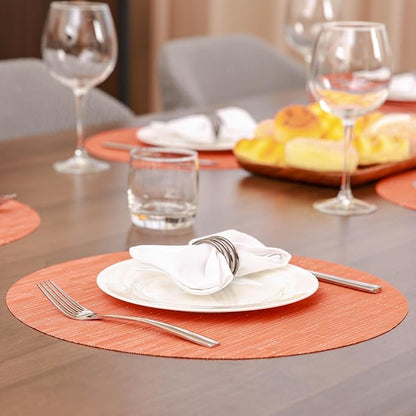 15 Inch Round Placemats Set of 6, Washable Vinyl Woven Place Mats | Heat Resistant Non-Slip Braided Table Mats for Dining Table Kitchen Indoor & Outdoor Use (Orange, Set of 6)