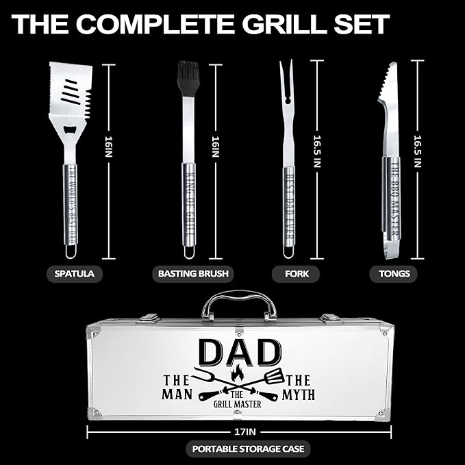 Dad Gifts, Dad Gifts from Daughter Son Fathers Day Heavy Duty Grilling Accessories Kit for Backyard BBQ, Birthday Present for Him Thick Stainless Steel Grill Utensils with Non-Slip Handle Tool Grill