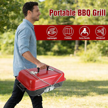 Portable Charcoal BBQ Grill, Foldable BBQ Grill with Grill Net & Lid, Easy Setup Barbecue Grill for Camping Picnic Outdoor Party Backyard (19.7x10.63x11.8in)